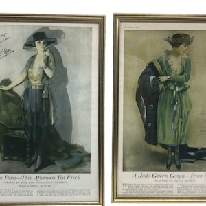 May include: Two framed illustrations of women in vintage clothing. The first image shows a woman in a blue and gold dress with a hat, standing in front of a green fabric. The second image shows a woman in a green dress with a hat, standing in front of a black fabric. Both images have text below the illustrations.