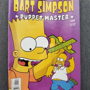 May include: A comic book cover featuring Bart Simpson as a puppet master, with a yellow puppet of Homer Simpson. The cover is purple with a yellow star and the title "Bart Simpson Puppet Master #29".