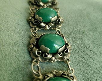 HandmadeDetailedSterlingSilver OrnateGreenGlassBracelet MadeInMexico