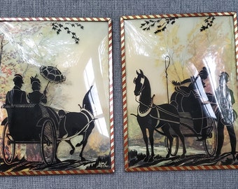 2, 6"x8"ConvexGlass ReversePaintings CoupleInHorseAndCarriage SilhouetteBubblePainting