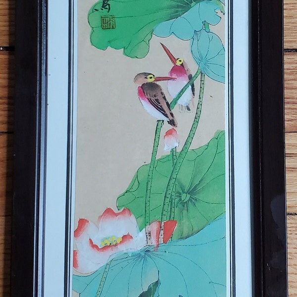 Framed7"x17"AsianBirdsLotusBlossoms Chinesesilkpainting