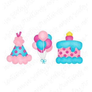 Pink and Blue Birthday Trio PNG Designs - Party Hat, Balloons Bunch, Cake with Candle, Girl’s Happy birthday Clip Art to Sublimate