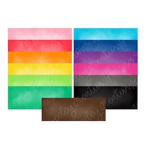 May include: A set of digital paper backgrounds in various colors, including pink, orange, yellow, green, blue, purple, gray, and black. The backgrounds are textured to look like watercolor paint. The text "Seeley Creations" is written in white on each background.