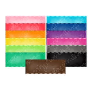 May include: Set of ten colourful watercolour banners with a stitched border. The banners are in shades of pink, red, orange, yellow, green, blue, purple, and black. Each banner has the text "weekly creations" written in white cursive.