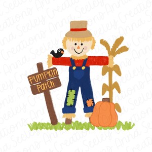 May include: A cartoon scarecrow with a red shirt, blue overalls, and a straw hat stands in a field with a pumpkin and a sign that reads "Pumpkin Patch".
