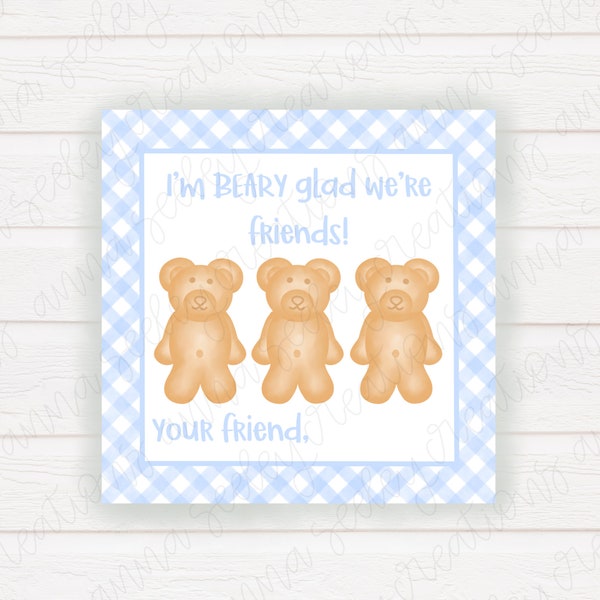 Printable Non-Editable PDF 3x3in Blue Teddy Bear Graham Cracker Kids Valentine’s Day Card Tag Gifts - Beary Glad - Valentine Digital File