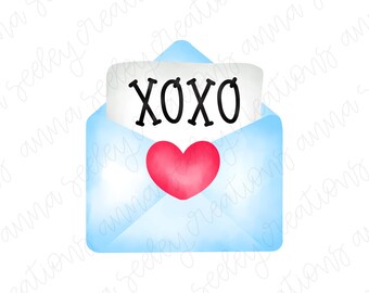 May include: A light blue envelope with a white card inside that says "XOXO". A red heart is on the front of the envelope.
