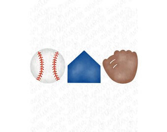 Trio de beisebol em aquarela - design PNG de bola, home plate e luva para transferência e sublimação por prensa térmica