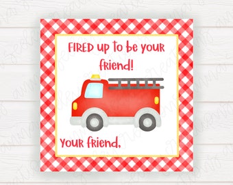 Printable Non-Editable PDF 3x3in Fire Truck Kids Valentine’s Day Card Tag for Gifts - Fired Up - Boys Valentine Digital File