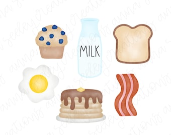 May include: A set of six breakfast food illustrations, including a blueberry muffin, a glass bottle of milk with the word "MILK" printed on it, a slice of white bread, a fried egg, a stack of pancakes with chocolate syrup, and a strip of bacon.