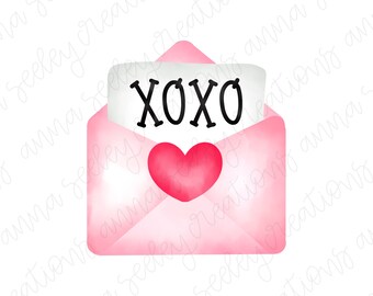 May include: A pink envelope with a white card inside that says "XOXO". A red heart is visible on the front of the envelope.
