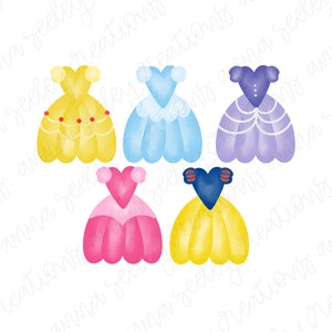 Peut inclure: Cinq illustrations &agrave; l'aquarelle de robes de princesse. Les robes sont de diff&eacute;rentes couleurs, notamment jaune, bleu, violet, rose et jaune avec des accents bleus. Les robes sont toutes de style robe de bal.