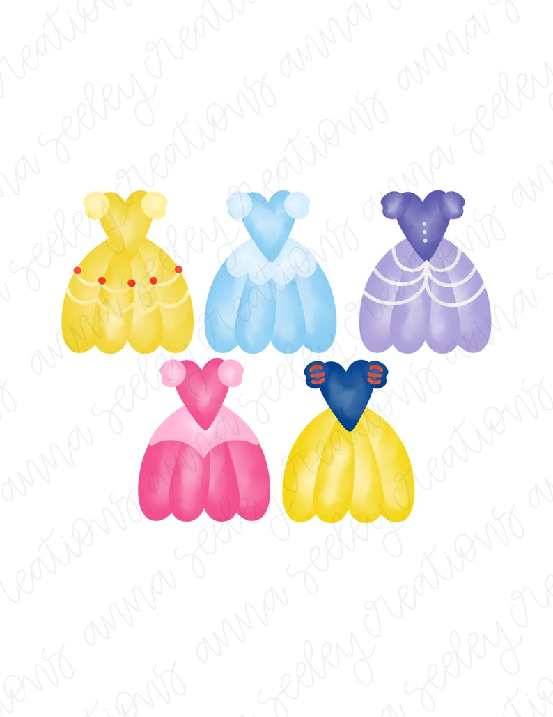 Peut inclure: Cinq illustrations &agrave; l'aquarelle de robes de princesse. Les robes sont de diff&eacute;rentes couleurs, notamment jaune, bleu, violet, rose et jaune avec des accents bleus. Les robes sont toutes de style robe de bal.