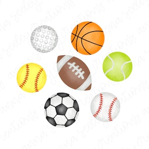 Watercolor Sports Equipment Balls - Football Soccer Baseball Softball Golf Tennis Basketball PNG Design for Heat Press Transfer Sublimation