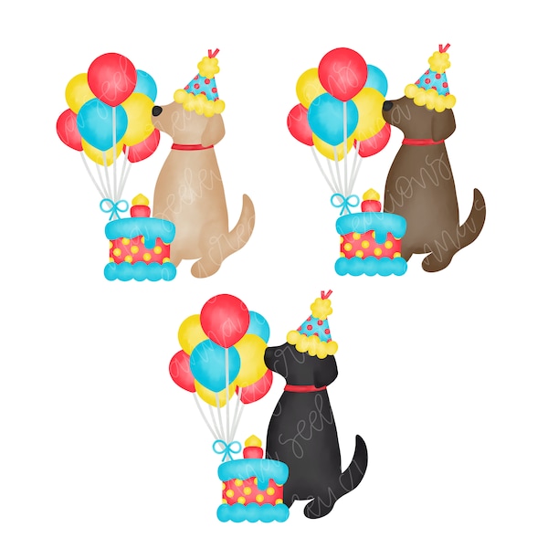 3 Conceptions - Boys Puppy Dog Birthday PNG Designs - Golden Retriever Doodle, Jaune, Brun chocolat, Black Lab Labrador Party Hat, Cake, Art