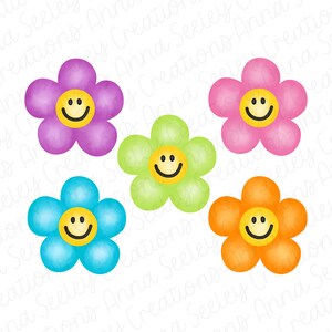 Pacote de flores de rosto sorridente - conjunto de 5 imagens de clipart PNG para sublimação, transferência de calor, design de camisa, crianças, meninas, dois hippies bacanas