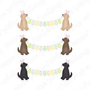 May include: Three dogs wearing bunny ears are holding onto a string of pastel Easter eggs. The dogs are brown, black, and yellow.
