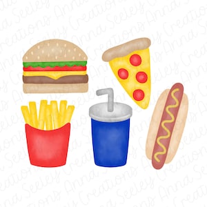 Fast Food Bundle - Pizza Burger Soda Pop Pommes Hot Dog Junk Hamburger Cheeseburger ClipArt Design Sublimation Heat Transfer PNG