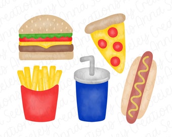 Fast Food Bundle - Pizza Burger Soda Pop Patatine fritte Hot dog spazzatura Hamburger Cheeseburger ClipArt Design Sublimazione Trasferimento di calore PNG