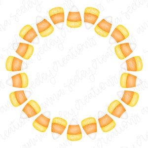 May include: A circular arrangement of candy corn sweets, a classic Halloween treat. Each piece features a white base, an orange centre, and a yellow top, creating a festive and colourful design. The candy corn is arranged in a circle.