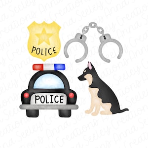 Police Bundle - Police Car Handcuffs German Shepherd Dog K9 Badge Star GSD Police Dog Clip Art Design for Sublimation Heat Transfer PNG