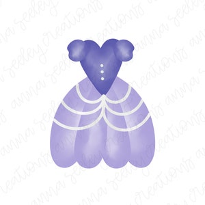 Peut inclure: Une robe violette avec un corsage en forme de c&oelig;ur et une jupe &agrave; &eacute;tages. La robe est orn&eacute;e de bordures blanches autour du col et du bas de la jupe.
