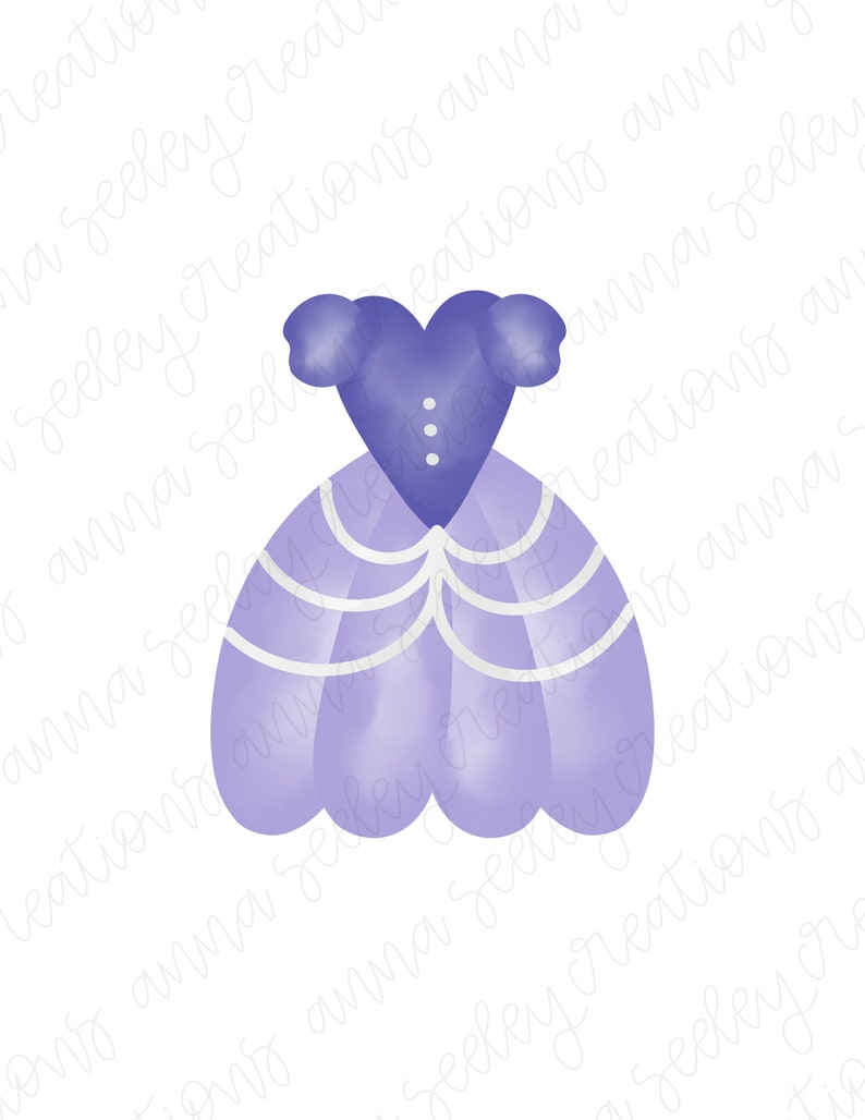 Peut inclure: Une robe violette avec un corsage en forme de c&oelig;ur et une jupe &agrave; &eacute;tages. La robe est orn&eacute;e de bordures blanches autour du col et du bas de la jupe.