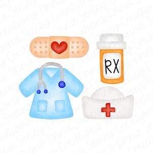 Doctor Nurse Bundle - Scrubs Band Aid Hat Prescription Medicine Bottle Medication Heart Clip Art Design pour sublimation Transfert de chaleur PNG