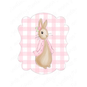 Mädchen Aquarell Osterhase Peter Cottontail Rabbit mit rosa Gingham karierten Hintergrund PNG Design für Transfer Transfer und Sublimation