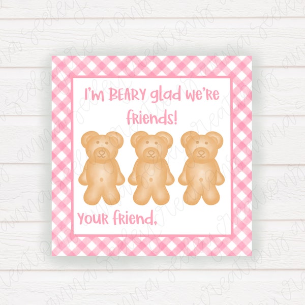 Printable Non-Editable PDF 3x3in Pink Teddy Bear Graham Cracker Kids Valentine’s Day Card Tag Gifts - Beary Glad - Valentine Digital File