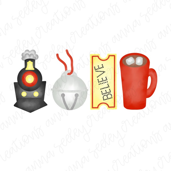 Train Jingle Bell Ticket Hot Chocolate Cocoa Set - PNG Clip Art Design for Sublimation Heat Press Christmas Clipart