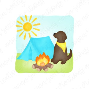 Puede incluir: Ilustración en acuarela de una escena de acampada. Un perro marrón con un pañuelo amarillo está sentado cerca de una tienda de campaña azul y una hoguera. Un sol amarillo brilla en el cielo sobre la escena.