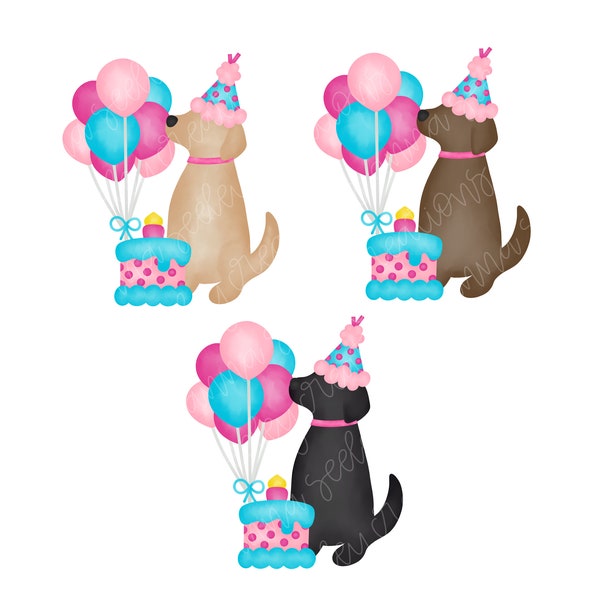 3 Conceptions - Filles Puppy Dog Birthday PNG Designs - Golden Retriever Doodle, Jaune, Brun chocolat, Black Lab Labrador Party Hat, Cake, Art