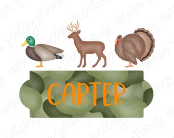 Trío de caza de acuarela con placa de nombre de camuflaje - Duck Mallard White Tail Deer Buck Turkey PNG Diseño para niños Sublimación Transferencia de prensa de calor