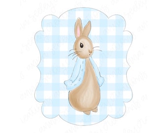Boy Watercolor Easter Bunny Peter Cottontail Rabbit with Blue Gingham Plaid Background PNG Design for Heat Press Transfer and Sublimation