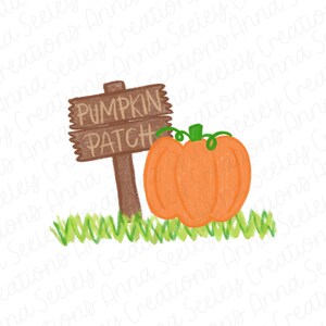 May include: A hand-drawn illustration of a pumpkin patch sign with the words "Pumpkin Patch" on it. A large orange pumpkin sits next to the sign on a bed of green grass.