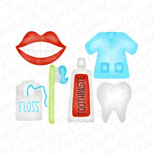 Paquete de dentista - Dientes de boca Pasta de dientes Cepillo de dientes Exfoliantes dentales Hilo dental Día de carrera Diseño de imágenes prediseñadas Sublimación Calor Prensa Transferencia PNG