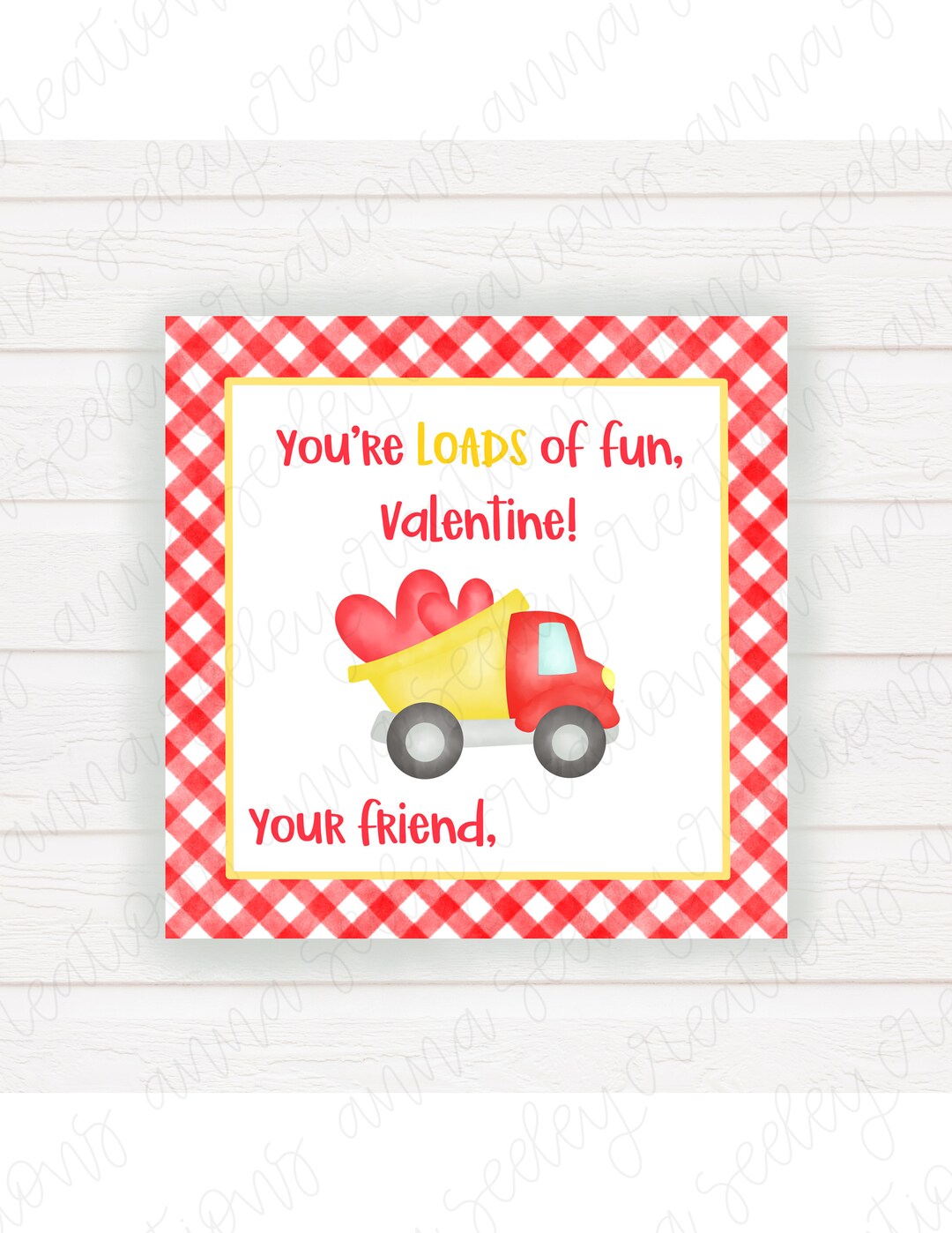 Printable Non-editable PDF 3x3in Dump Truck Kids Valentine’s Day Card ...