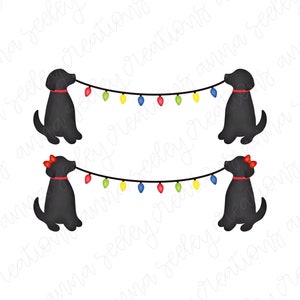 May include: Two black dogs are sitting and holding a string of Christmas lights with red, yellow, green, and blue bulbs.