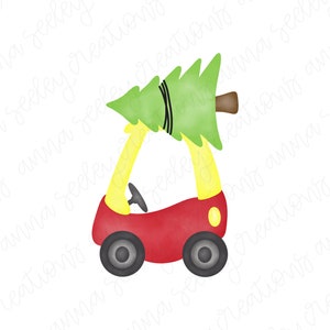 Czerwony przytulny samochód dla dzieci Cozy Coupe z choinką - PNG Clip Art Design do sublimacji na prasie termicznej Eve Clipart