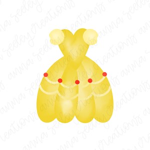 Peut inclure: Une robe de princesse jaune avec des accents rouges. La robe a une jupe ample et un corsage ajust&eacute;.