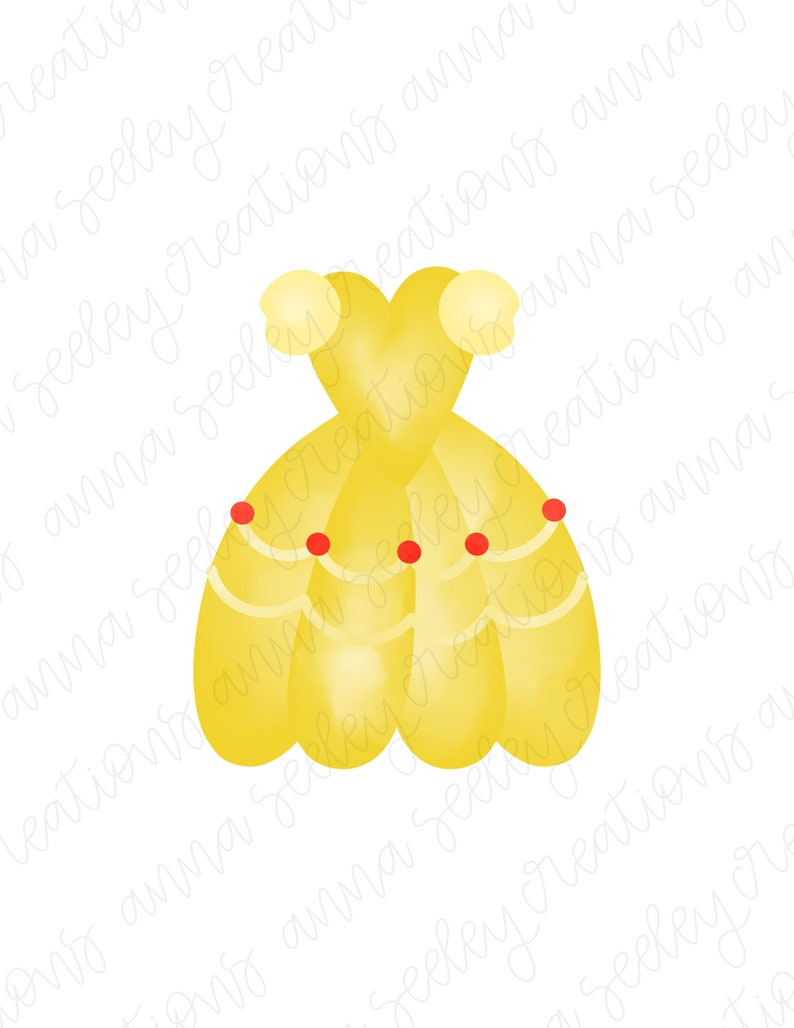 Peut inclure: Une robe de princesse jaune avec des accents rouges. La robe a une jupe ample et un corsage ajust&eacute;.