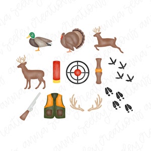 Paquete de caza de acuarela - Conjunto de 12 imágenes prediseñadas PNG para sublimación - pato Turquía ciervo escopeta objetivo alcance pistas astas chaleco