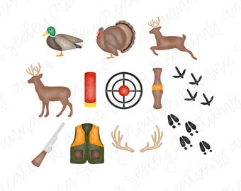 Watercolor Hunting Pack - Set of 12 PNG Clip Art Images for Sublimation - duck Turkey deer shotgun shell target scope tracks antlers vest