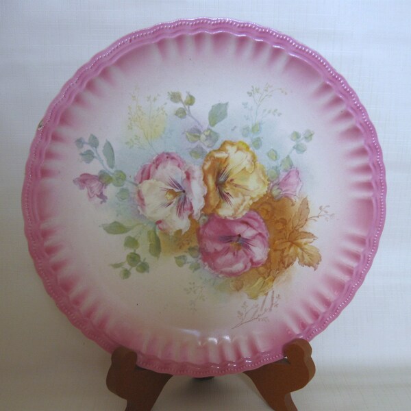 Bonn Poppelsdorf Antique Plate, Vintage Cottagecore Floral Hand Painted Flowers Pink Airbrushed Fluted Rim, Made in Germany Dinnerware