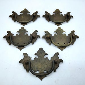 FIVE Chippendale Bat Wing Drawer Pulls, Vintage 2.5" Double Screw Brass Furniture Hardware, Dresser Bureau Vanity