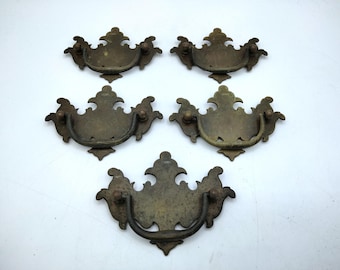 FIVE Chippendale Bat Wing Drawer Pulls, Vintage 2.5" Double Screw Brass Furniture Hardware, Dresser Bureau Vanity