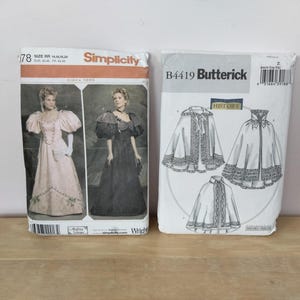 May include: Two vintage sewing pattern packets on a wooden surface. The Simplicity pattern features a woman in a pink dress, while the Butterick pattern shows cape designs. Both packets are white with text and illustrations.