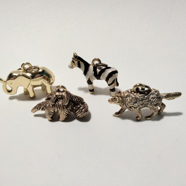Goldtone Animal Charms Vintage Jewelry, CHOICE of African Elephant Anteater Wolf Zebra, Necklace Pendants, Circus Creatures Brass Metal