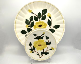 Blue Ridge Yellow Nocturne Vintage Pottery Cake Plate & 3 Dessert Hand Painted Rock Rose Flower Colonial Dinnerware, Southern Potteries SPI